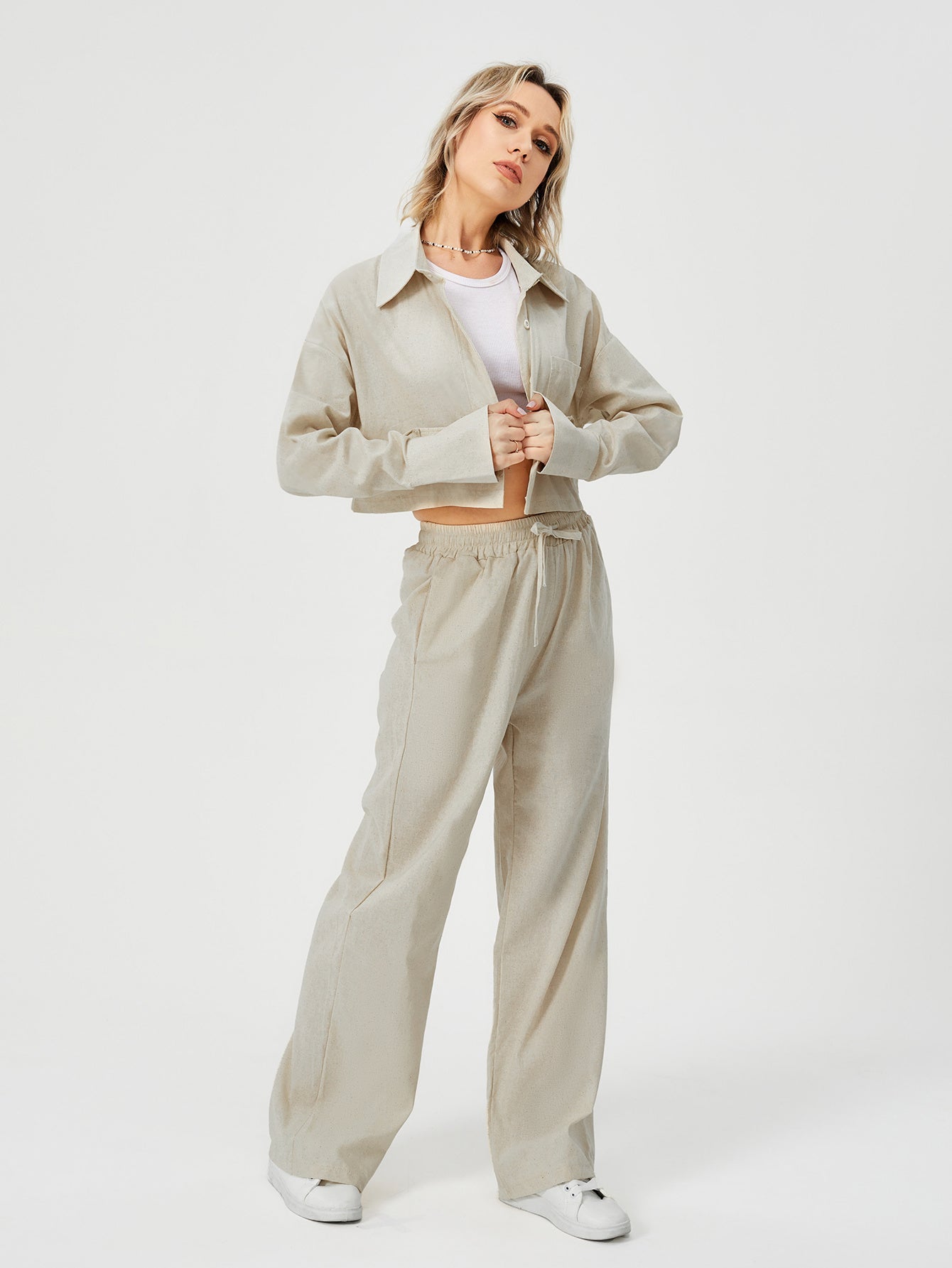 Women's Long Sleeve Button Down Wide Leg Loungewear Pajama Set