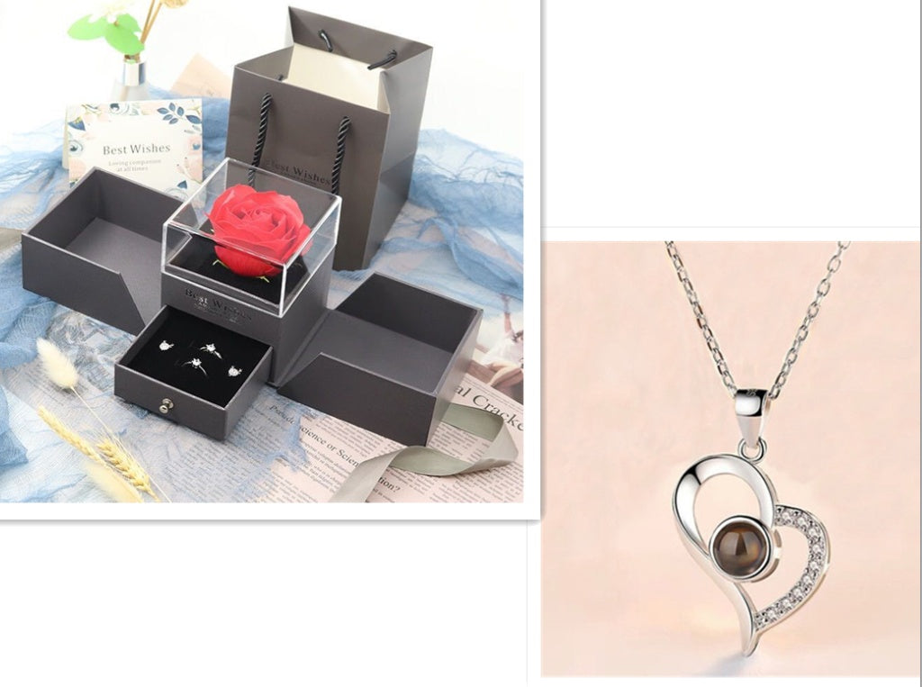 Valentine's Day Metal Rose Gift Set - Crystal Necklace with Gift Box