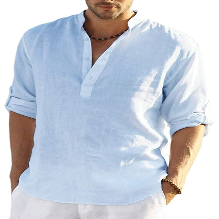 Men's Cotton Linen Long Sleeve Shirt - Stand Collar