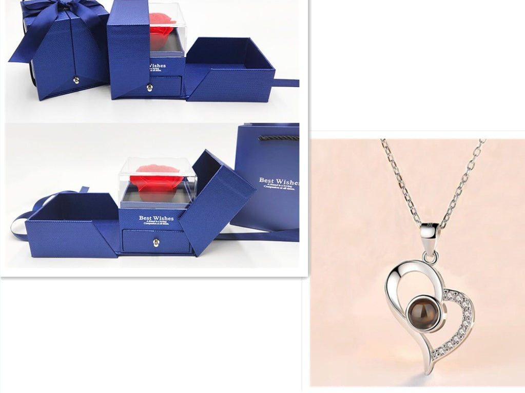 Valentine's Day Metal Rose Gift Set - Crystal Necklace with Gift Box