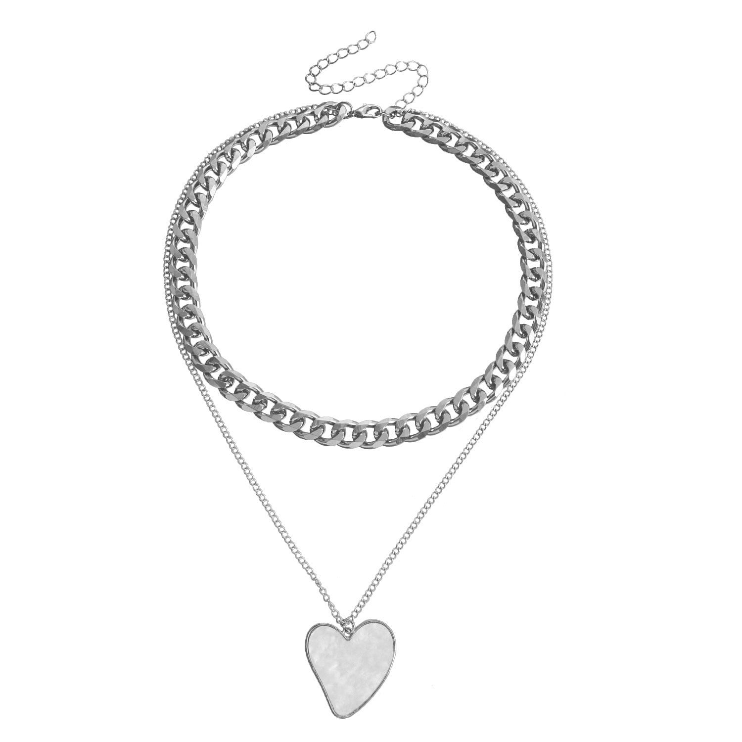 Double Layer Shell Necklace - White Metal Layered Pendant Jewelry