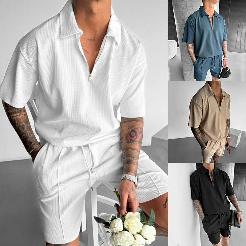 Summer Fashion Mens Clothing - Zipper Polo & Shorts Set