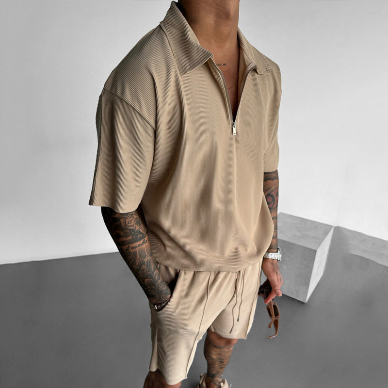 Summer Fashion Mens Clothing - Zipper Polo & Shorts Set
