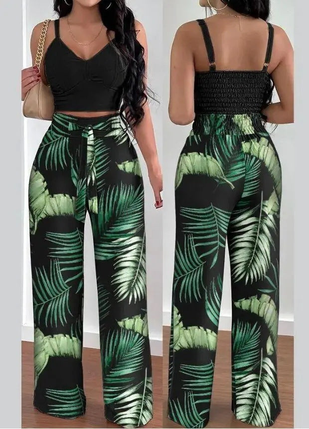Elegant Women's Two-Piece Suit - Wide Leg Pants & Spaghetti Strap Vest