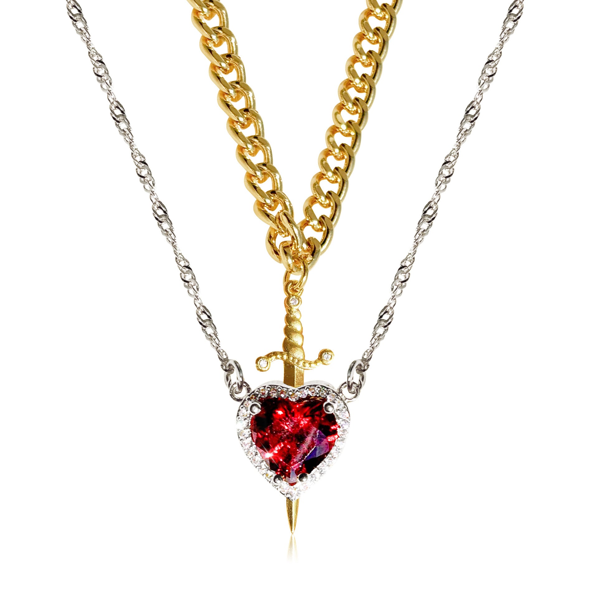 Gothic Heart Dagger Couple Necklace Set - Punk Arrow Through Heart Jewelry