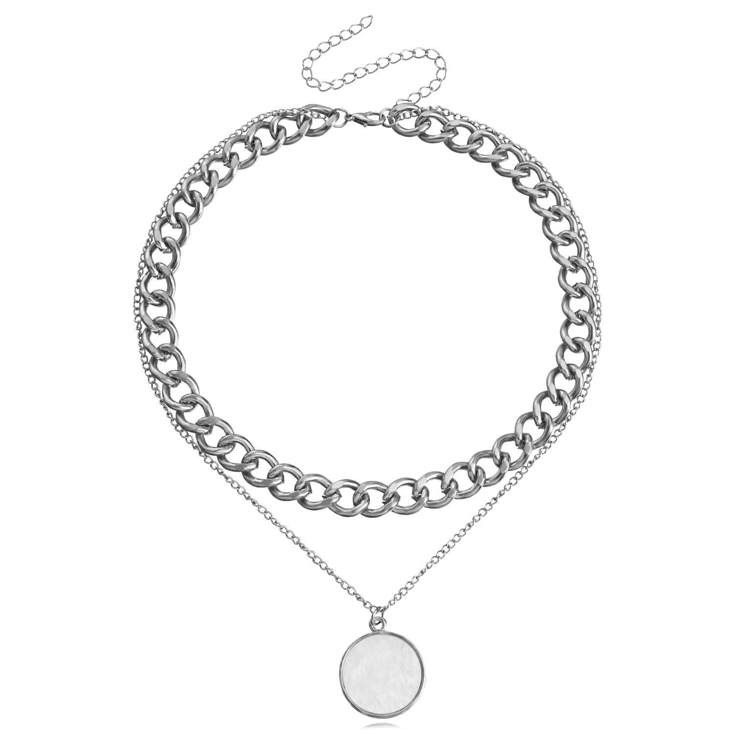 Double Layer Shell Necklace - White Metal Layered Pendant Jewelry
