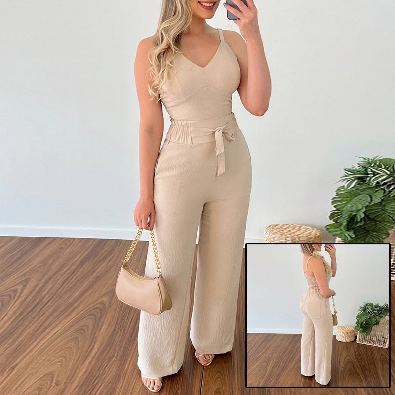 Elegant Women's Two-Piece Suit - Wide Leg Pants & Spaghetti Strap Vest
