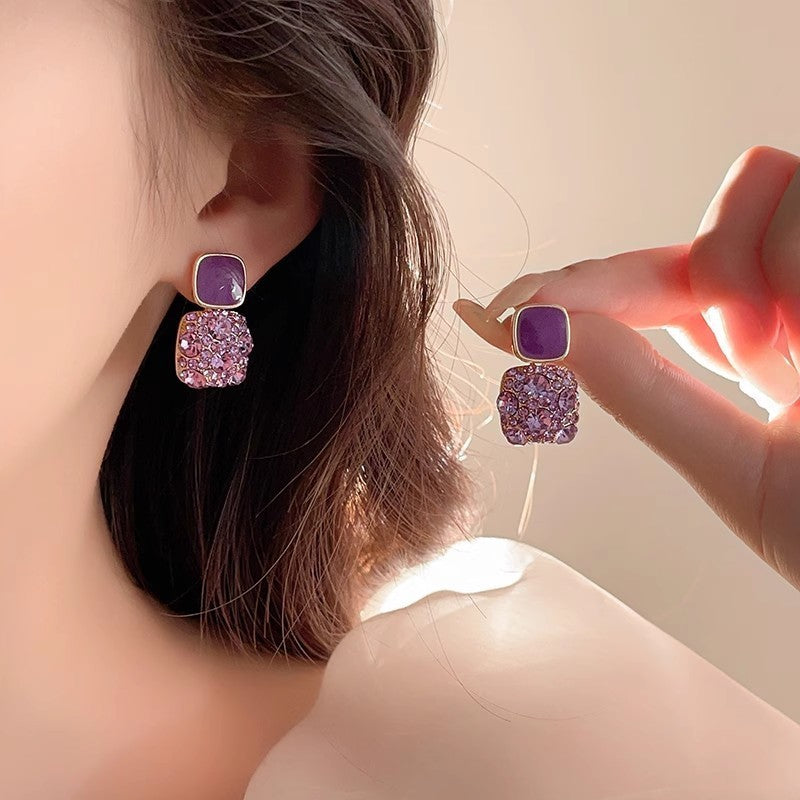 Rhinestone Cube Earrings - Korean Style Geometric Fashion Jewelry