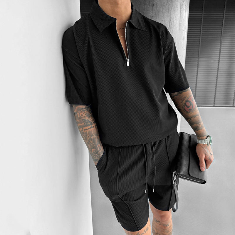 Summer Fashion Mens Clothing - Zipper Polo & Shorts Set