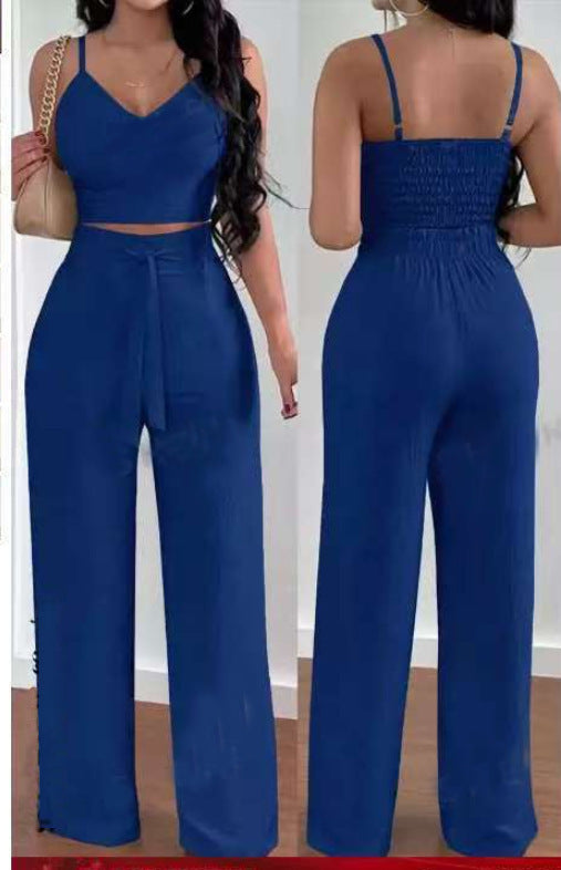 Elegant Women's Two-Piece Suit - Wide Leg Pants & Spaghetti Strap Vest