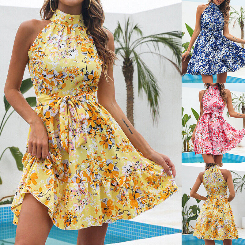Flowers Print Halterneck Dress - Summer Fashion