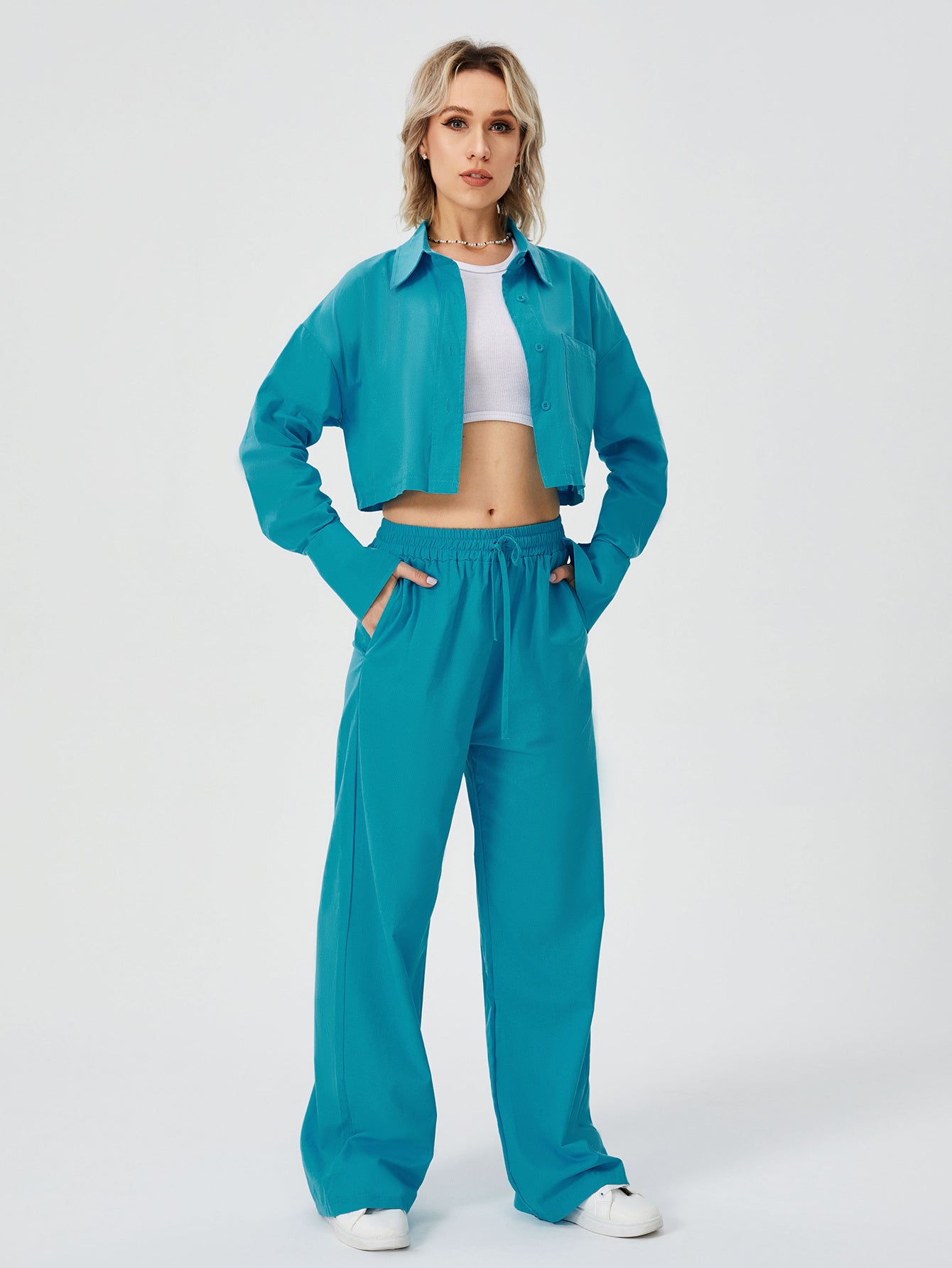 Women's Long Sleeve Button Down Wide Leg Loungewear Pajama Set