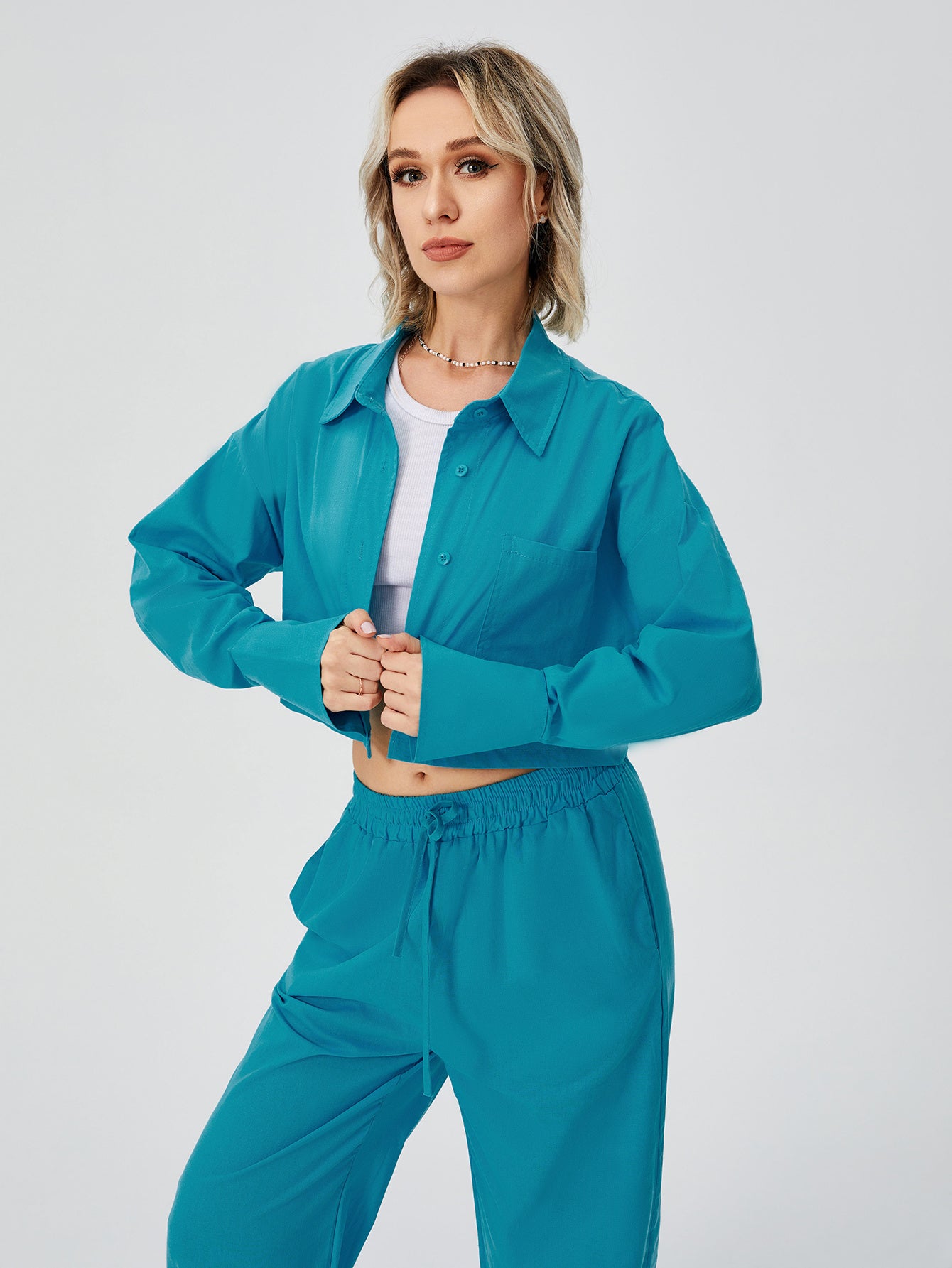 Women's Long Sleeve Button Down Wide Leg Loungewear Pajama Set