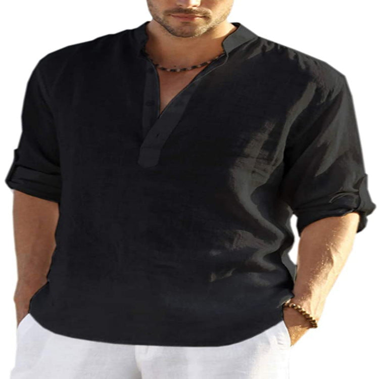 Men's Cotton Linen Long Sleeve Shirt - Stand Collar