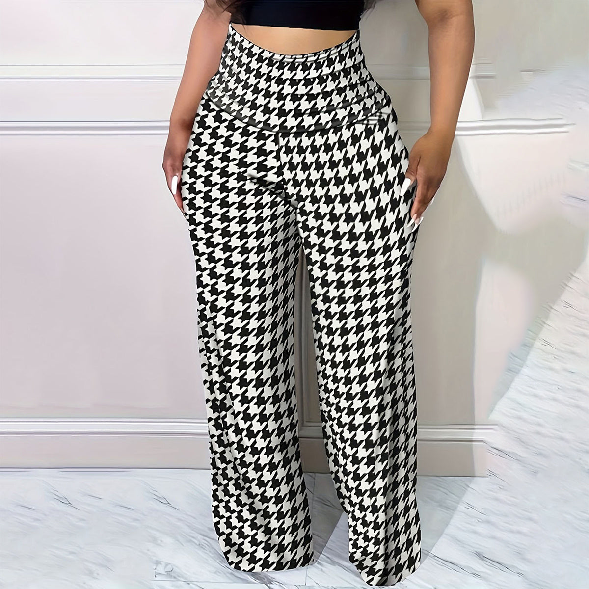Plus Bird Check Comfortable Loose Women's Straight Leg Pants