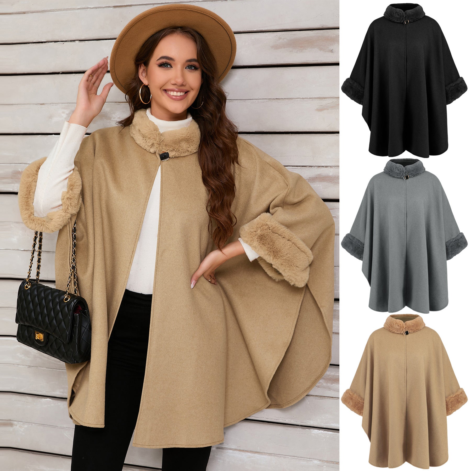 Fashionable Fur Collar Mid-length Coat Cape - Enhanced Style