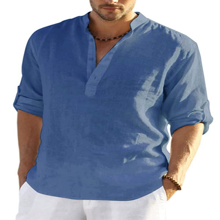 Men's Cotton Linen Long Sleeve Shirt - Stand Collar