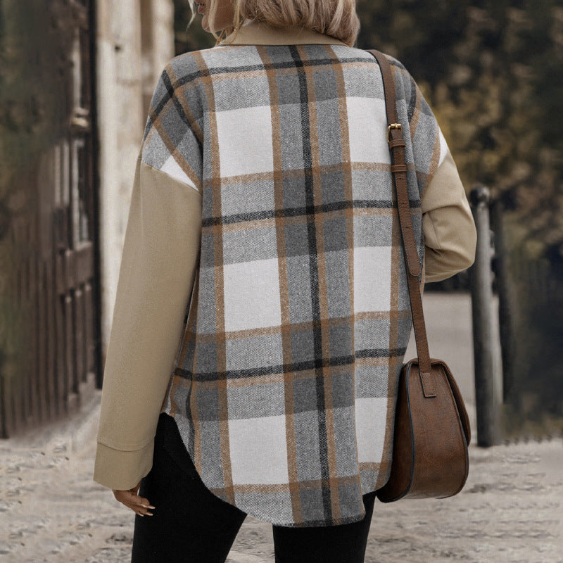 Lapel Pocket Plaid Colorblock Coat - Stylish Outerwear