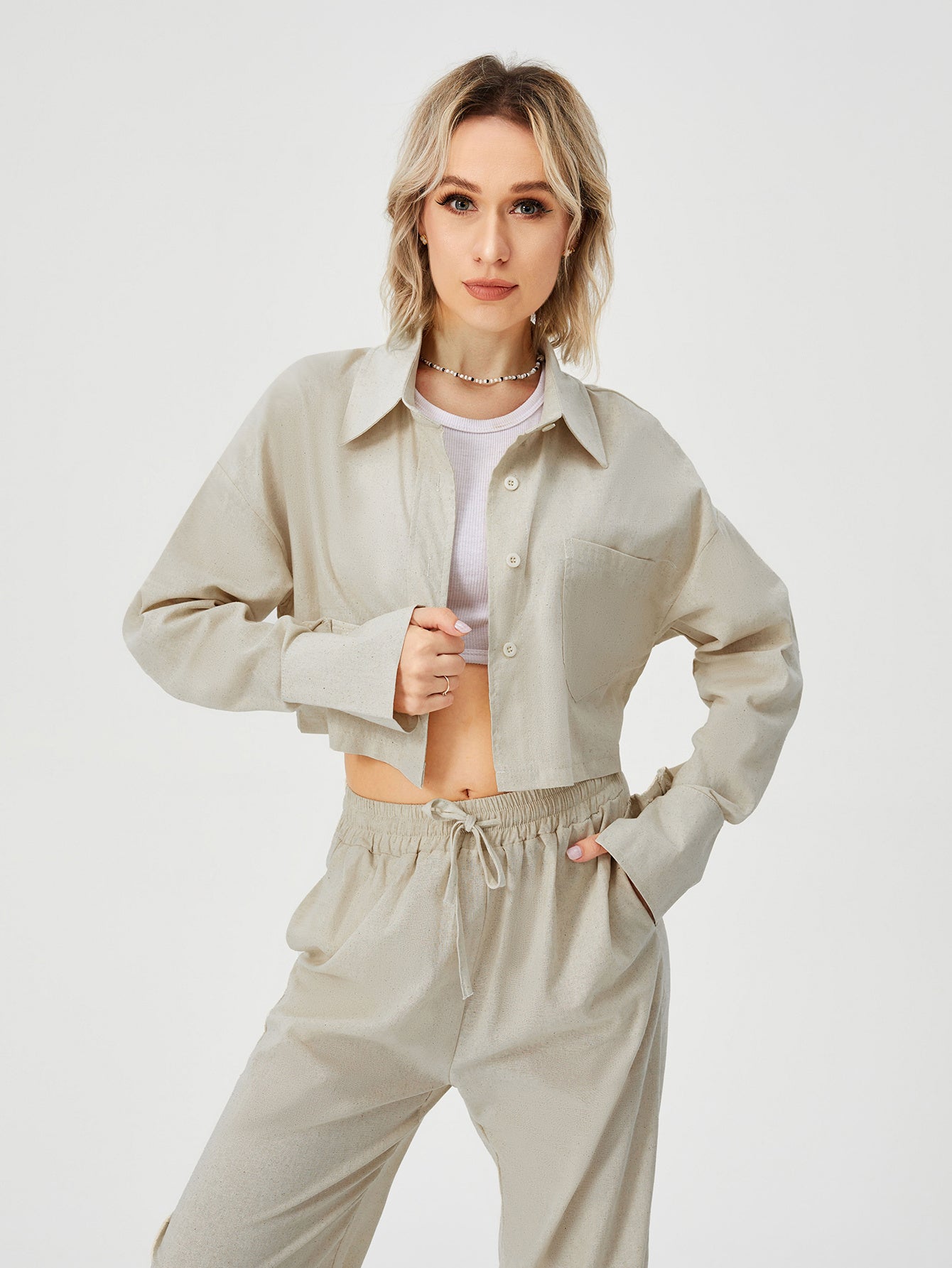 Women's Long Sleeve Button Down Wide Leg Loungewear Pajama Set