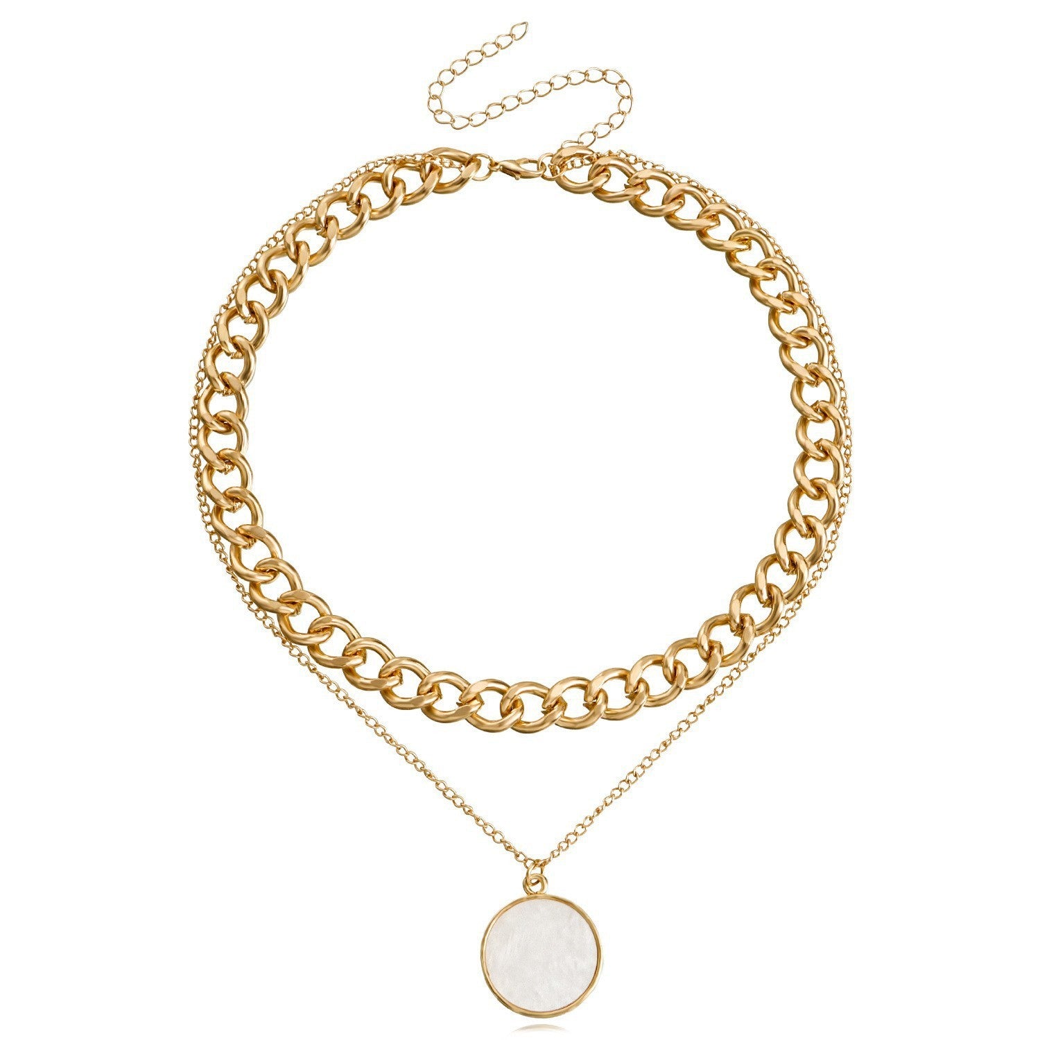 Double Layer Shell Necklace - White Metal Layered Pendant Jewelry