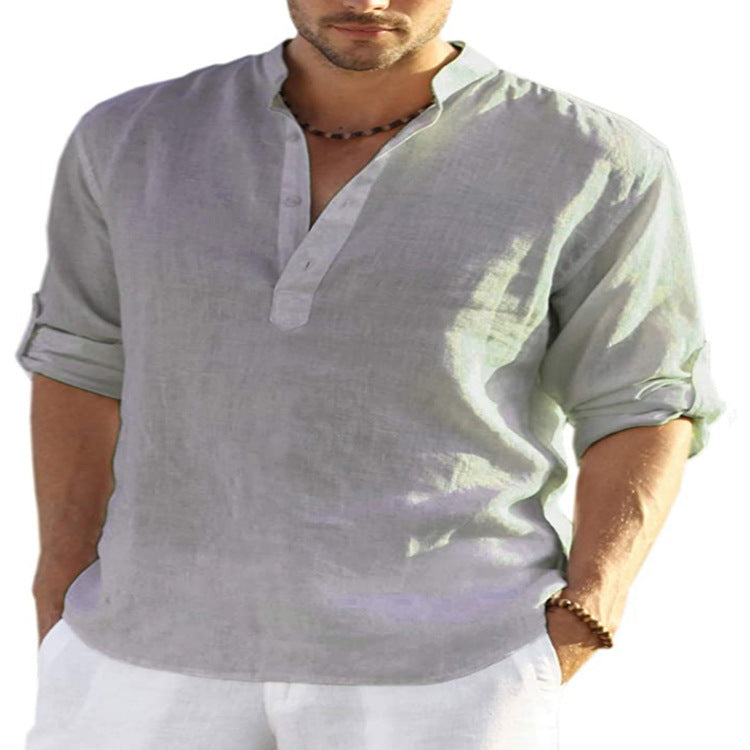 Men's Cotton Linen Long Sleeve Shirt - Stand Collar