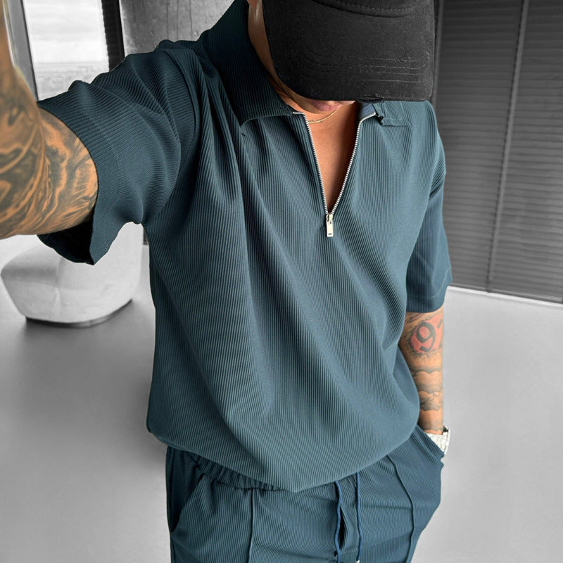 Summer Fashion Mens Clothing - Zipper Polo & Shorts Set
