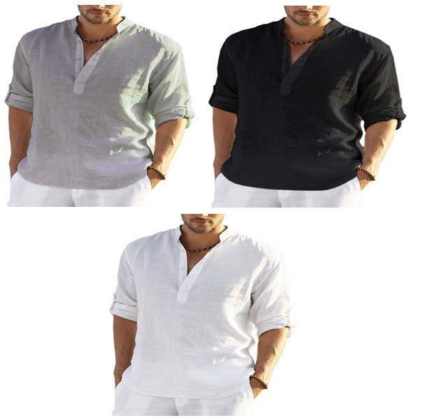 Men's Cotton Linen Long Sleeve Shirt - Stand Collar