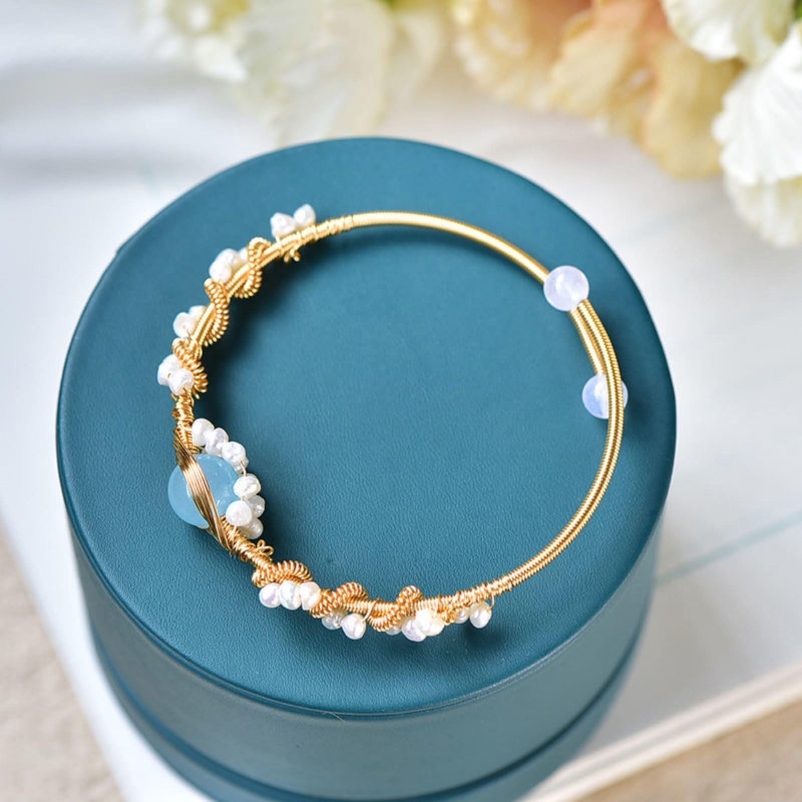 Gold Pearl Bracelet - Vintage Wire Braided Cuff for Women