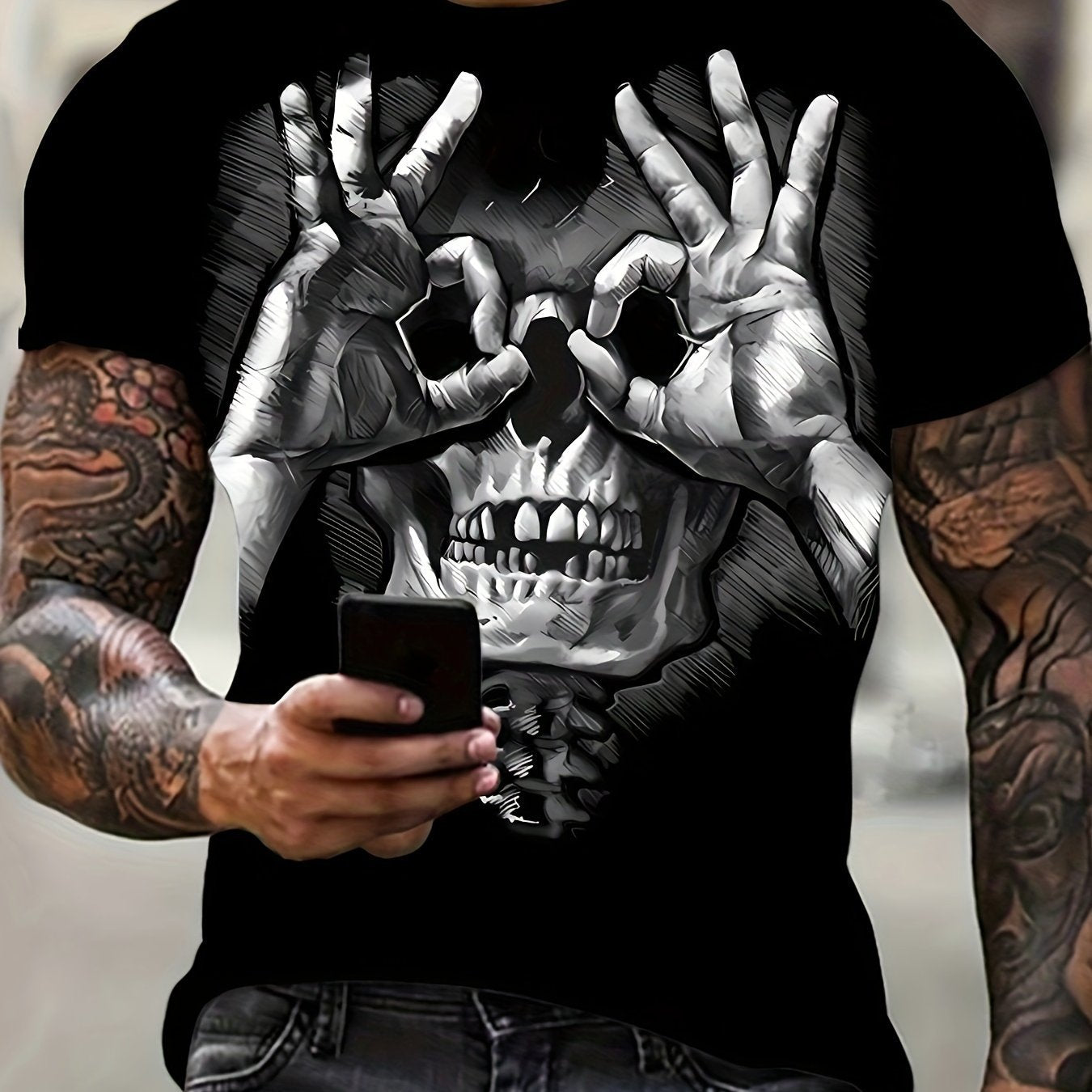 Creative Skull Print T-shirt - Men's Casual Street Style Elastic Round Neck T-shirt, Suitable For Summer